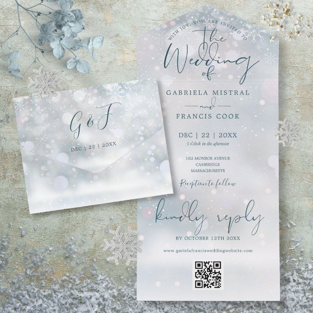 Invitation Tout En Un Code QR de Mariage Hivernal sur un Mariage enneigé (Winter Wonderland QR Code Snow Wedding All In One Invitation)