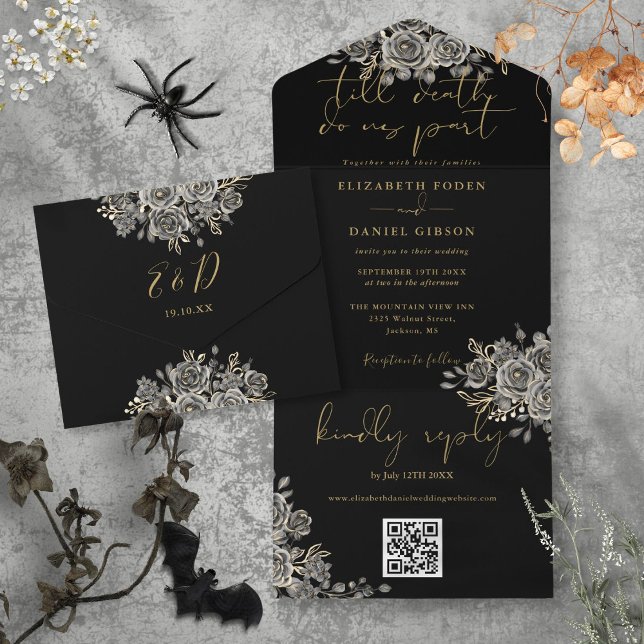 Invitation Tout En Un Code QR de mariage noir gothique et roses dorées (Gothic Black And Gold Roses QR Code Wedding All In One Invitation)