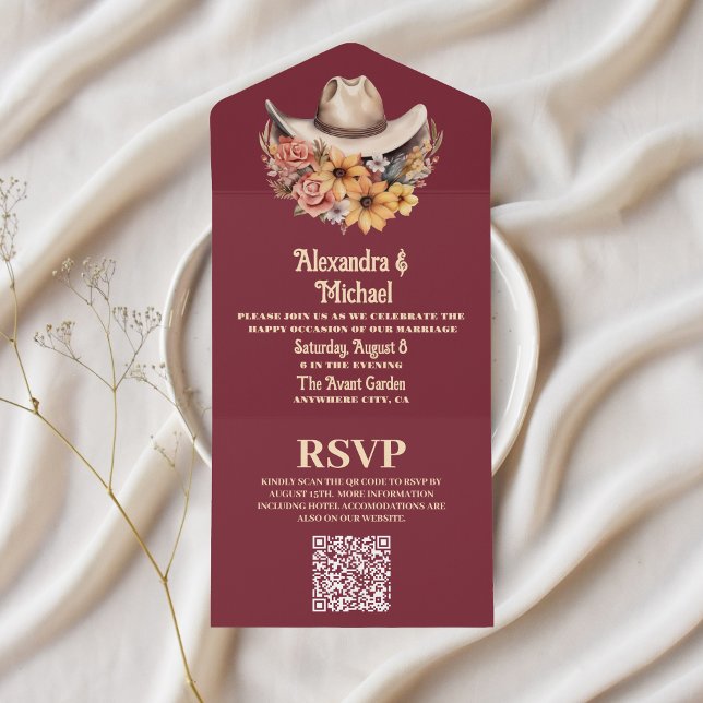 Invitation Tout En Un Code QR de mariage occidental boho floral (Créateur téléchargé)