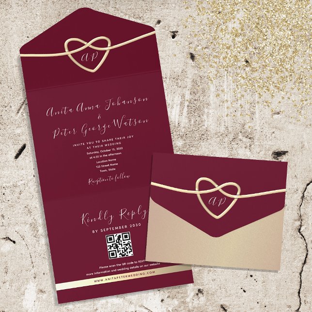 Invitation Tout En Un Code QR de mariage romantique en Bourgogne (Créateur téléchargé)