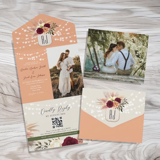 Invitation Tout En Un Code QR de mariage romantique floral rustique (Créateur téléchargé)