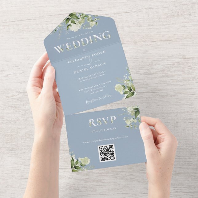 Invitation Tout En Un Code QR de mariage Rustique Bleu Poussiéreux avec  (Déchirure)