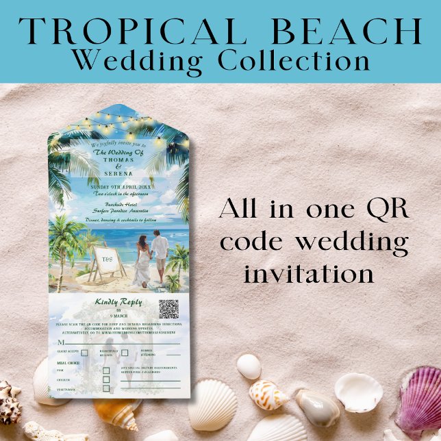 Invitation Tout En Un Code QR de mariage sur une plage tropicale Aqua (Créateur téléchargé)