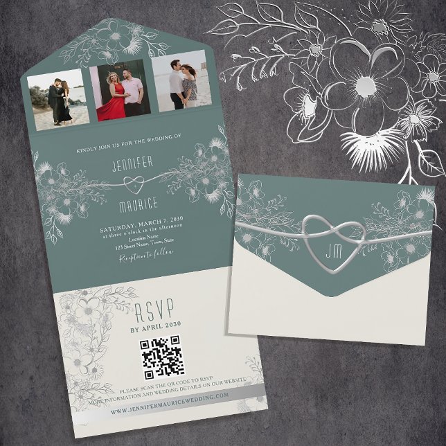 Invitation Tout En Un Code QR de mariage vert sauge moderne (Créateur téléchargé)
