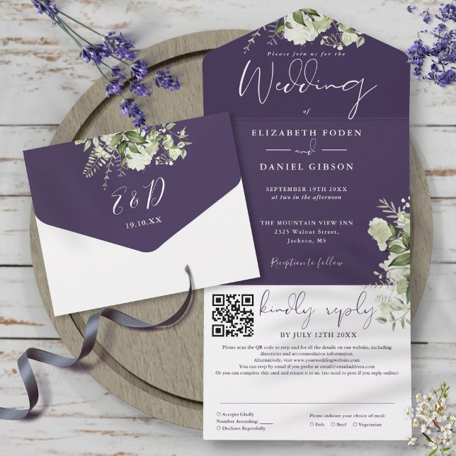 Invitation Tout En Un Code QR de monogramme de mariage Purple Greenery (Purple Greenery Monogram QR Code Wedding All In One Invitation)