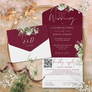 Invitation Tout En Un Code QR de monogramme de verdure de Bourgogne pour
