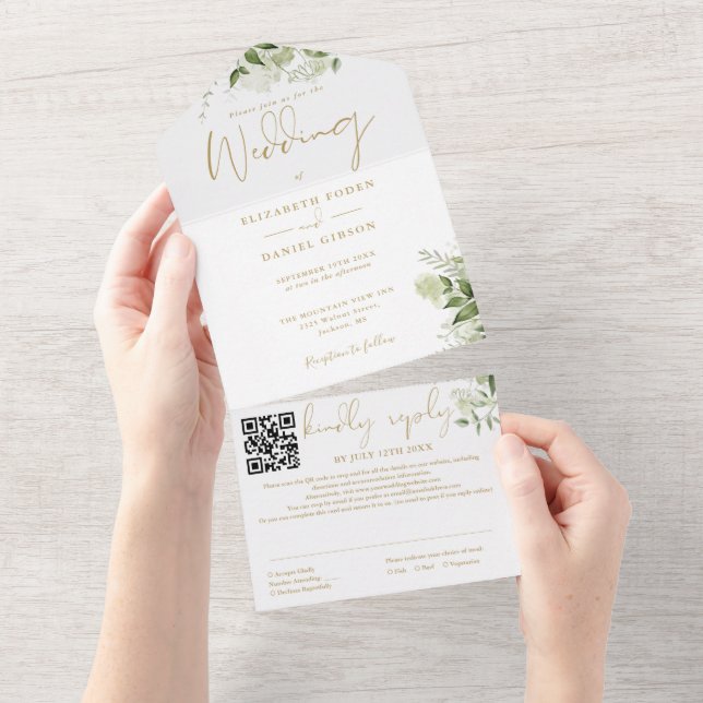 Invitation Tout En Un Code QR de monogramme de verdure dorée pour mariag (Déchirure)