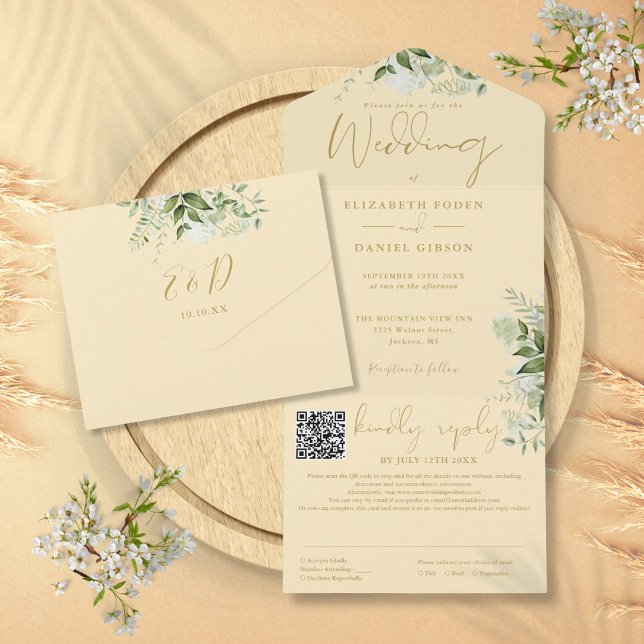 Invitation Tout En Un Code QR de monogramme de verdure jaune de bouton d (Buttercup Yellow Greenery Monogram QR Code Wedding All In One Invitation)