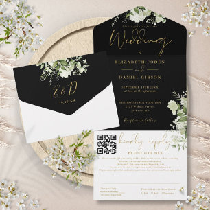 Invitation Tout En Un Code QR de monogramme de verdure noir et or pour m