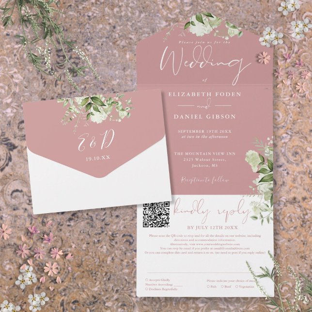 Invitation Tout En Un Code QR de monogramme de verdure Rose Poussiéreuse (Dusty Rose Greenery Monogram QR Code Wedding All In One Invitation)