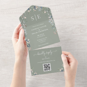 Invitation Tout En Un Code QR de monogramme floral vert sauge pour maria