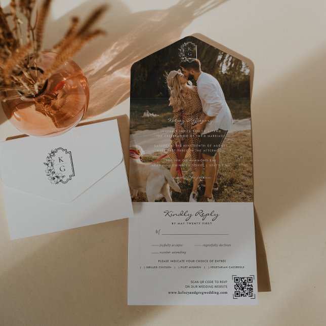 Invitation Tout En Un Code QR de photo de mariage à monogramme minimalis (Créateur téléchargé)