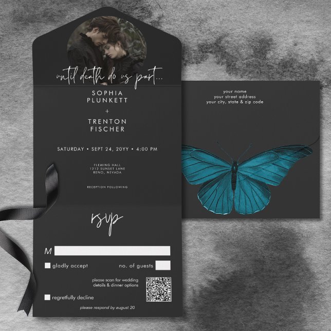 Invitation Tout En Un Code QR de photo de papillon minimaliste sombre et (Dark Moody Minimal Moth Photo QR Code Wedding All In One Invitation)