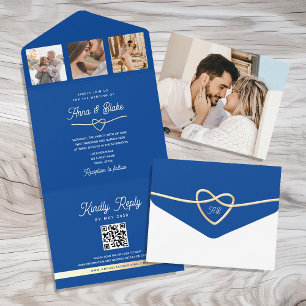 Invitation Tout En Un Code QR de photos de mariage Royal Blue