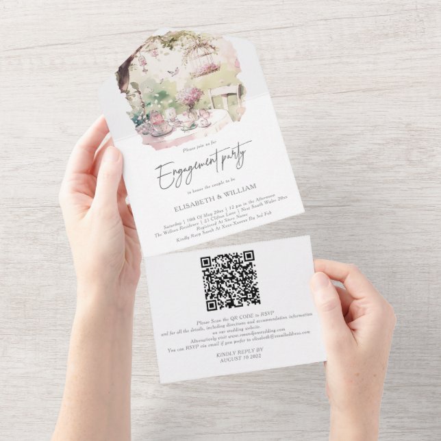 Invitation Tout En Un Code QR de réponse pour fiançailles au jardin aqua (Déchirure)