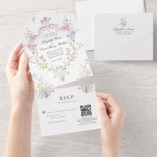 Invitation Tout En Un Code QR de réponse pour mariage avec blason floral