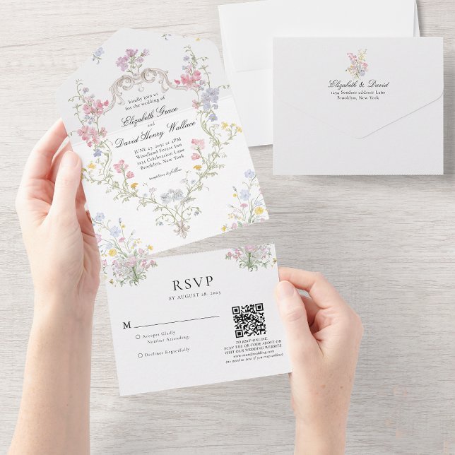 Invitation Tout En Un Code QR de réponse pour mariage avec blason floral (Créateur téléchargé)