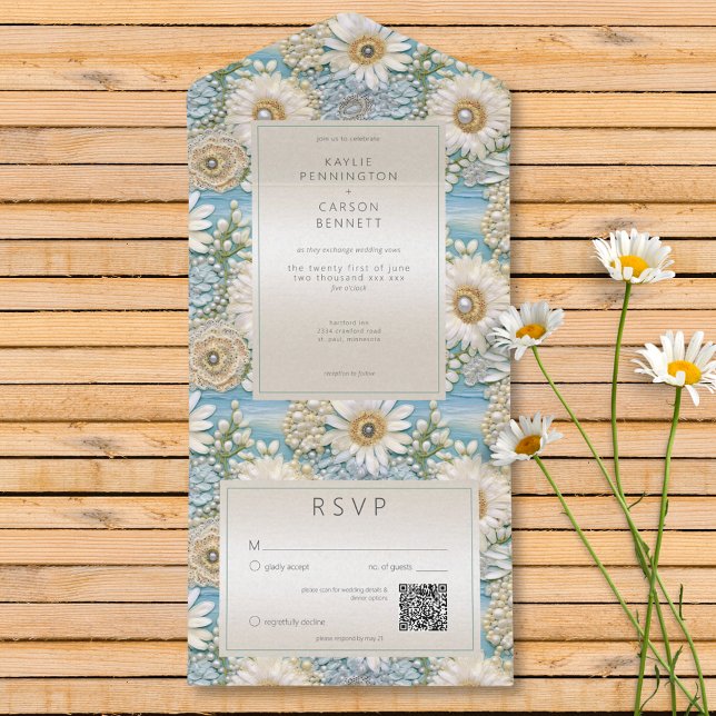 Invitation Tout En Un Code QR de soulagement Daisy Satin & Perles Modern (Modern Daisy Satin & Pearls Relief QR Code All In One Invitation)
