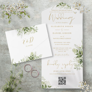 Invitation Tout En Un Code QR de verdure florale dorée pour mariage form