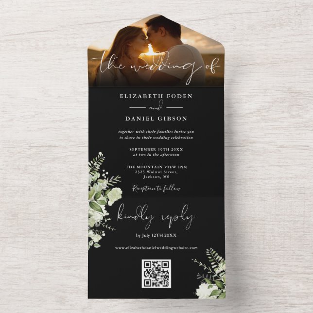 Invitation Tout En Un Code QR de verdure florale pour photo de mariage (À l'intérieur)