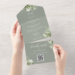 Invitation Tout En Un Code QR de verdure florale vert sauge pour mariage