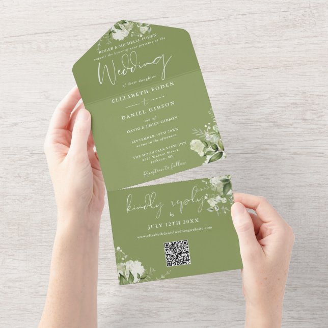 Invitation Tout En Un Code QR de verdure florale verte de mousse Mariage (Déchirure)
