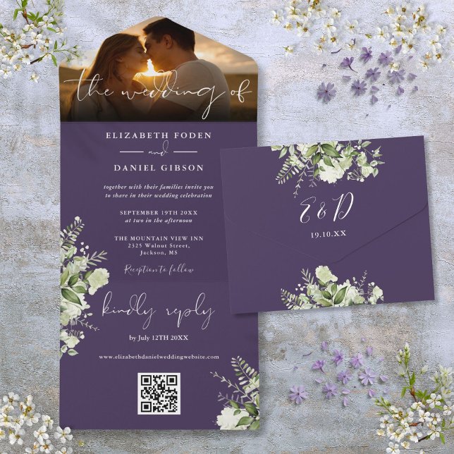 Invitation Tout En Un Code QR de verdure florale violette pour photo de  (Purple Floral Greenery QR Code Wedding Photo All In One Invitation)