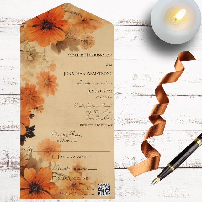 Invitation Tout En Un Code QR des fleurs d'automne (Also available without QR code. )