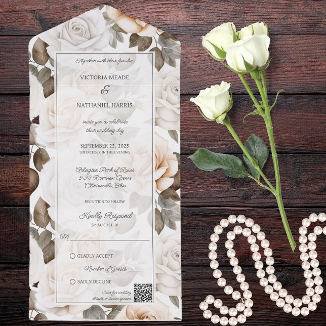Invitation Tout En Un Code QR des Roses blanches élégantes (Créateur téléchargé)