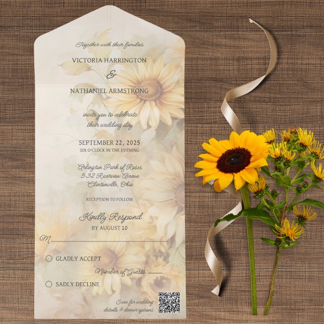 Invitation Tout En Un Code QR des tournesols dorés rustiques (Also available without QR code and with or without dinner options. )