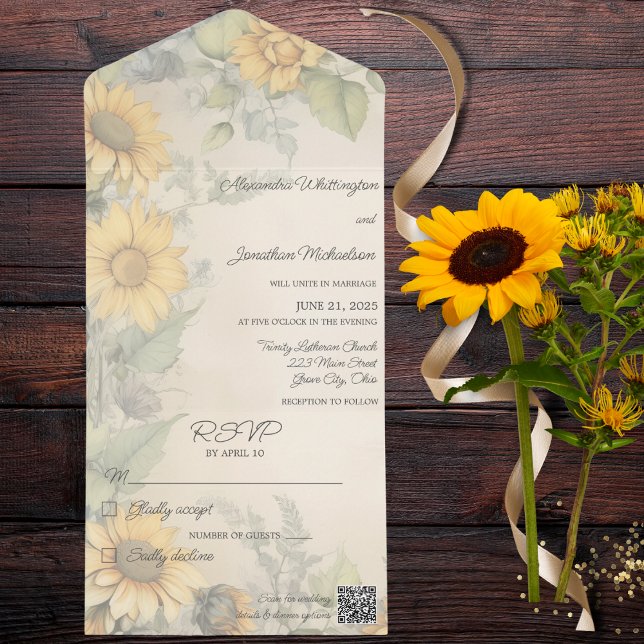 Invitation Tout En Un Code QR des tournesols rustiques (Also available without QR code and with or without dinner options. )