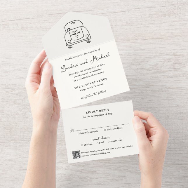 Invitation Tout En Un Code QR doodle de voiture dessinée à la main Maria (Déchirure)