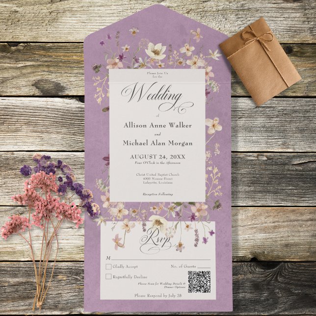 Invitation Tout En Un Code QR du cadre Fleur sauvage violet rustique (Créateur téléchargé)