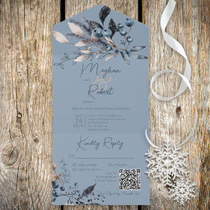 Invitation Tout En Un Code QR du feuillage d'hiver bleu rustique