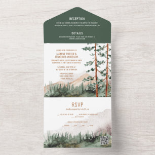 Invitation Tout En Un Code QR du Mariage de brouillard de pin rustique