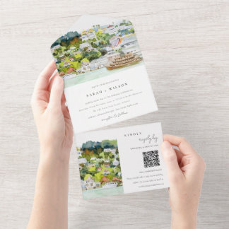 Invitation Tout En Un Code QR du Mariage du paysage de la rivière Cruise