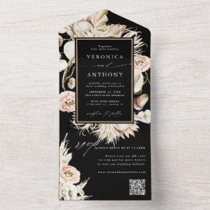 Invitation Tout En Un Code QR du Mariage noir Boho Protea Pampas Grass