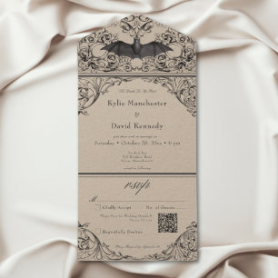 Invitation Tout En Un Code QR du Mariage tan noir de chauve-souris victo