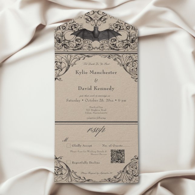 Invitation Tout En Un Code QR du Mariage tan noir de chauve-souris victo (Victorian Bat Til Death Black Tan Wedding QR Code All In One Invitation)