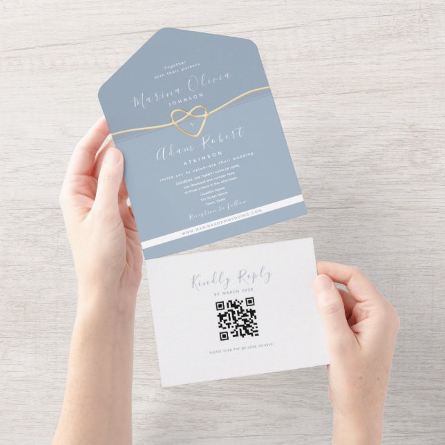 Invitation Tout En Un Code QR Dusty Mariage bleu (Déchirure)