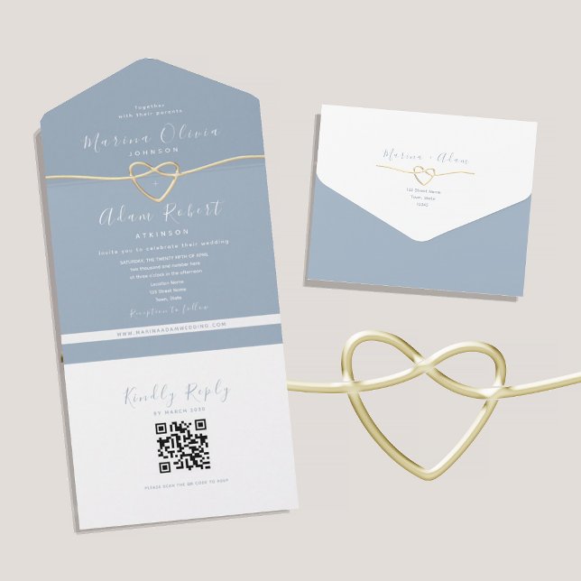 Invitation Tout En Un Code QR Dusty Mariage bleu (Créateur téléchargé)
