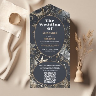 Invitation Tout En Un Code QR Élégant Argent Or Mariage Céleste