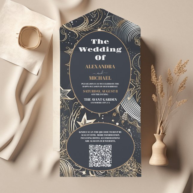 Invitation Tout En Un Code QR Élégant Argent Or Mariage Céleste (Créateur téléchargé)