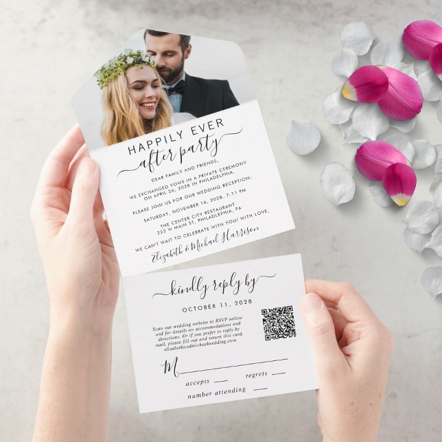 Invitation Tout En Un Code QR élégant de photo pour la réception de mari (An chic Happily Ever After Party all-in-one invitation for your wedding celebration)