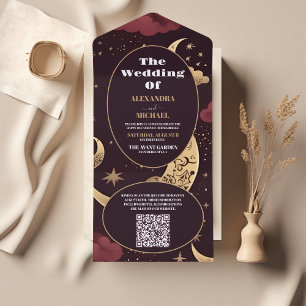 Invitation Tout En Un Code QR Élégant Mariage Céleste Bourgogne Or
