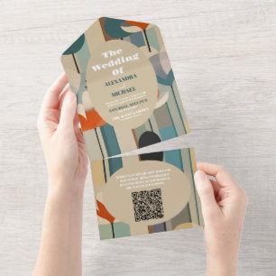 Invitation Tout En Un Code QR Élégant Mariage Floral Milieu du Siècle