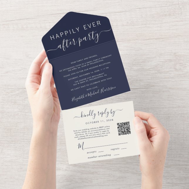 Invitation Tout En Un Code QR élégant Réception de mariage marine (Déchirure)