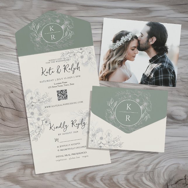 Invitation Tout En Un Code QR Élégant Vert Sauge Mariage (Créateur téléchargé)