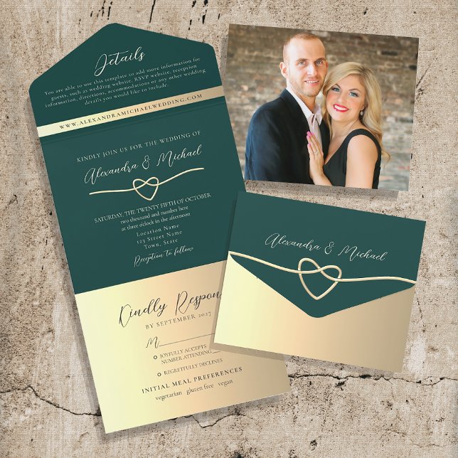 Invitation Tout En Un Code QR Emerald Green et Gold Mariage (Créateur téléchargé)