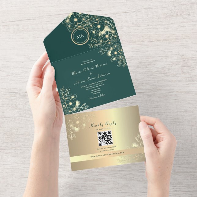 Invitation Tout En Un Code QR Émeraude Or Floral Mariage (Déchirure)